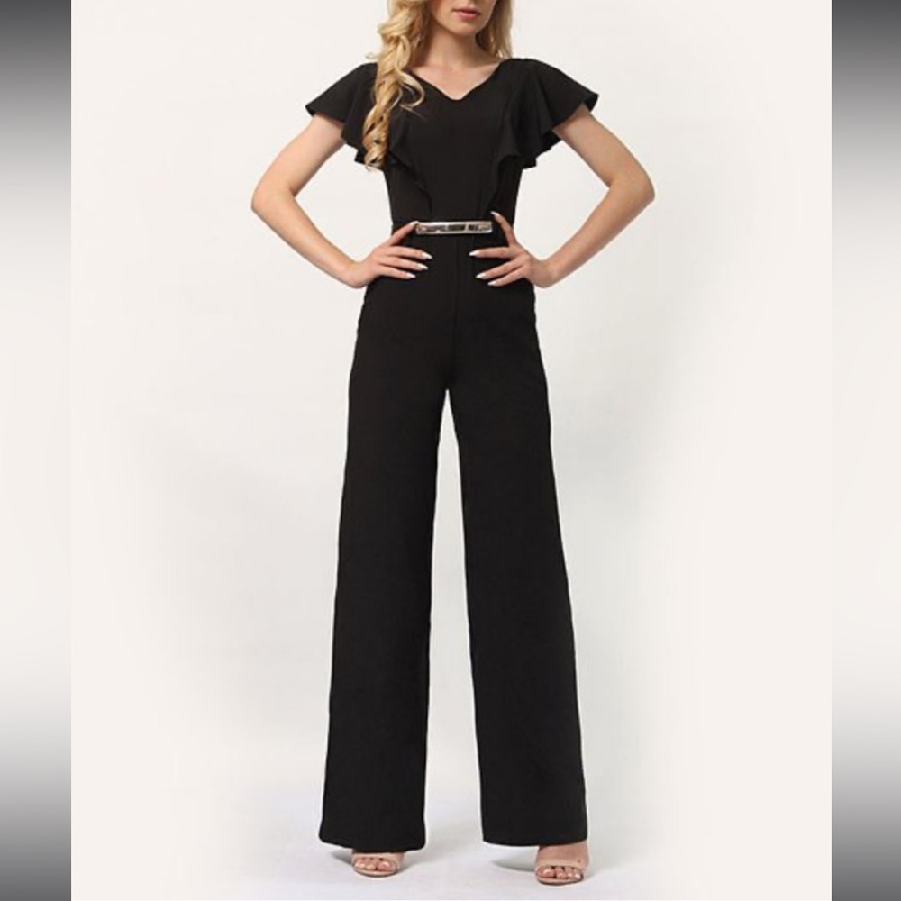 LADA LUCCI Black Flutter-Sleeve Silk-Blend Wide-Leg Jumpsuit Size 8 NWT